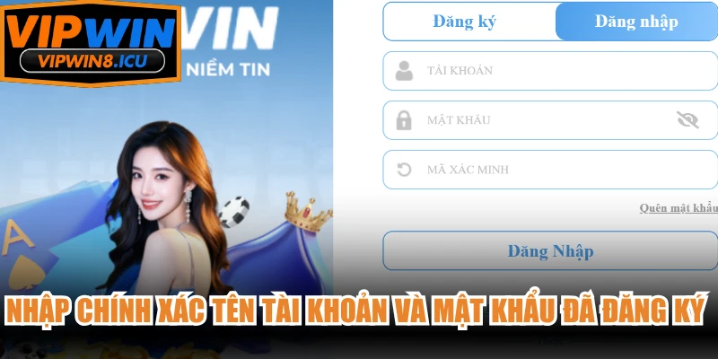 Nhập chính xác tên tài khoản và mật khẩu đã đăng ký tài khoản VIPWIN