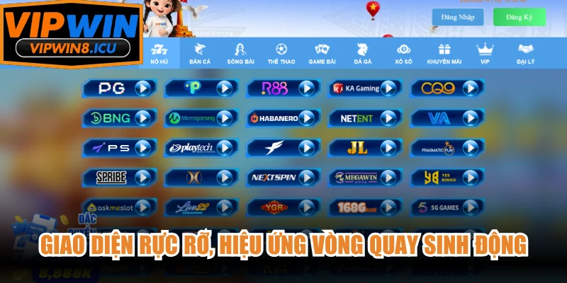Giao diện rực rỡ, hiệu ứng vòng quay sinh động, tạo điểm nhấn cho từng trò chơi.